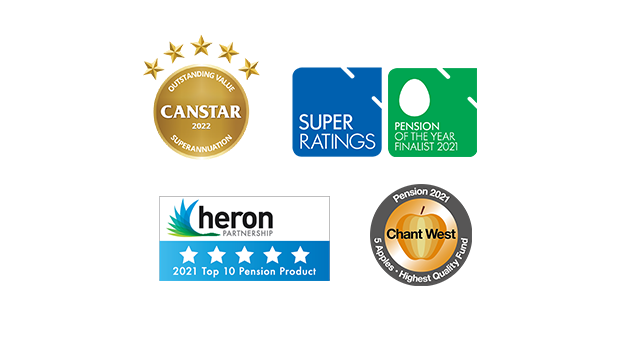Canstar 2022 Superannuation award, Superratings pension of the year finalist 2021, Heron partnership 2021 pension award and Chant West Pension 2021 award