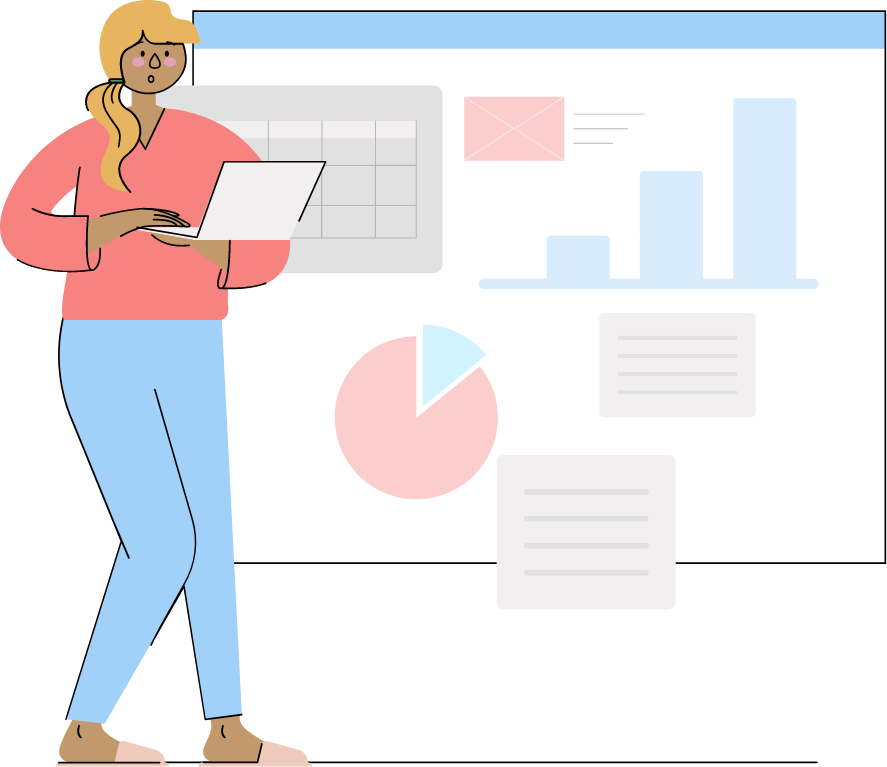 Illustration of woman on laptop presenting spreadsheet
