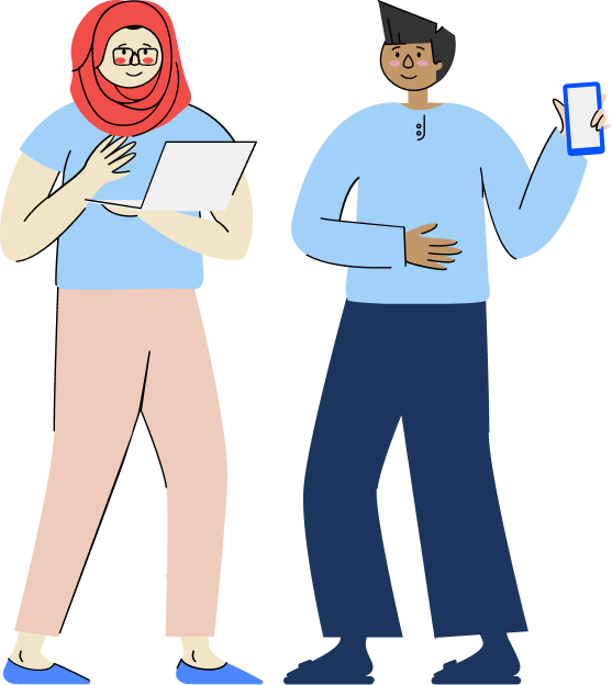 Illustration of a woman and man holding devices