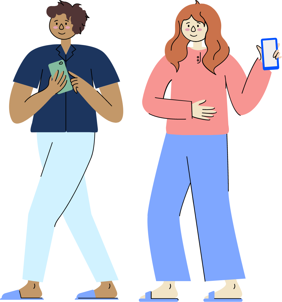 Illustration of a man and woman holding phones