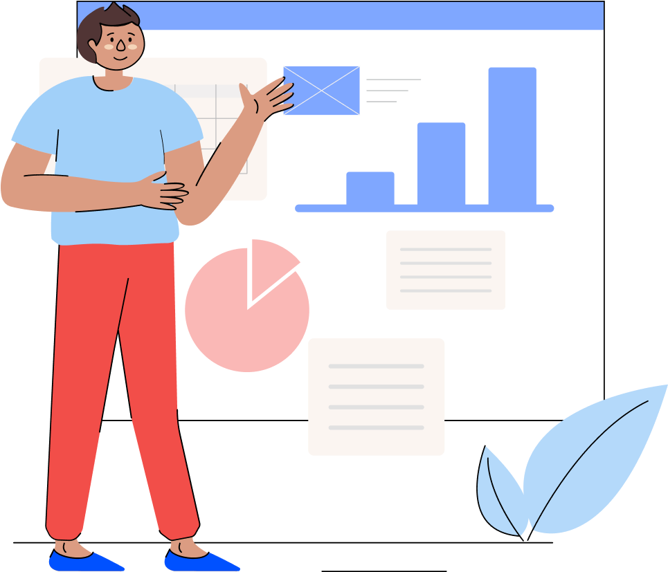 Illustration of a male pointing to investment graphs