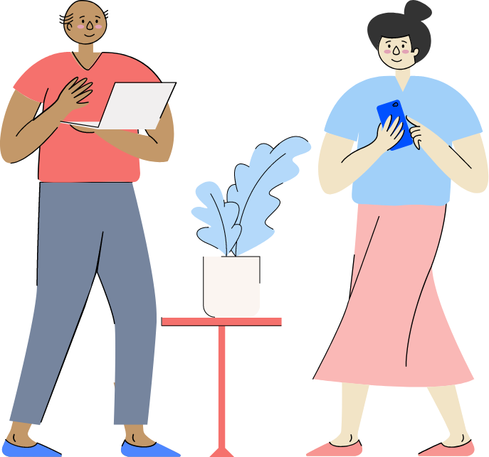 Illustration of people on devices by a plant