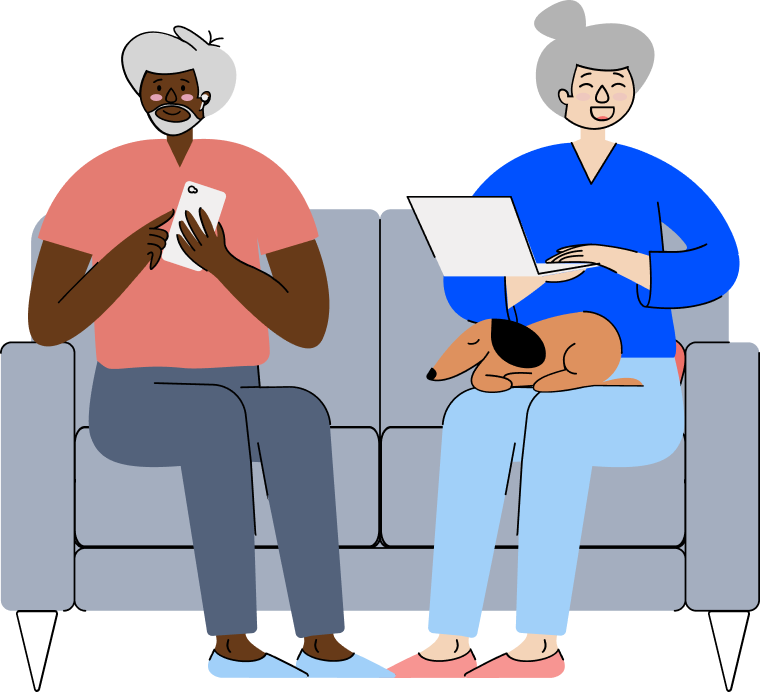 Illustration of elderly man and woman with dog on couch