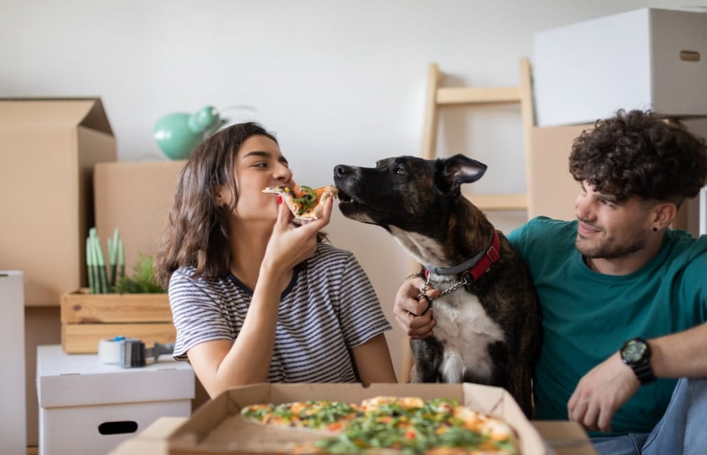 Couple eating pizza with dog