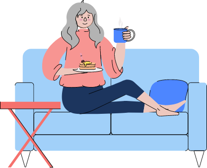Illustration of a woman on couch with food