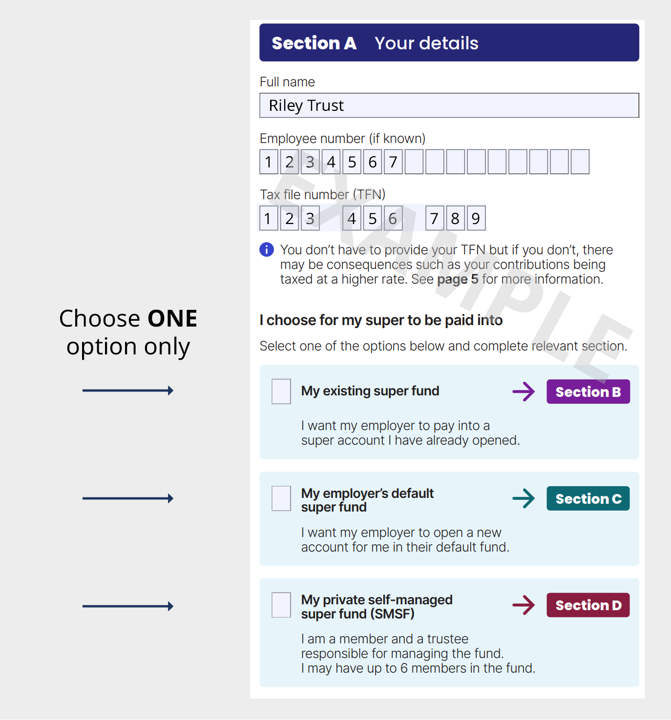 Screenshot of Section A for the Superannuation Standard Choice Form
