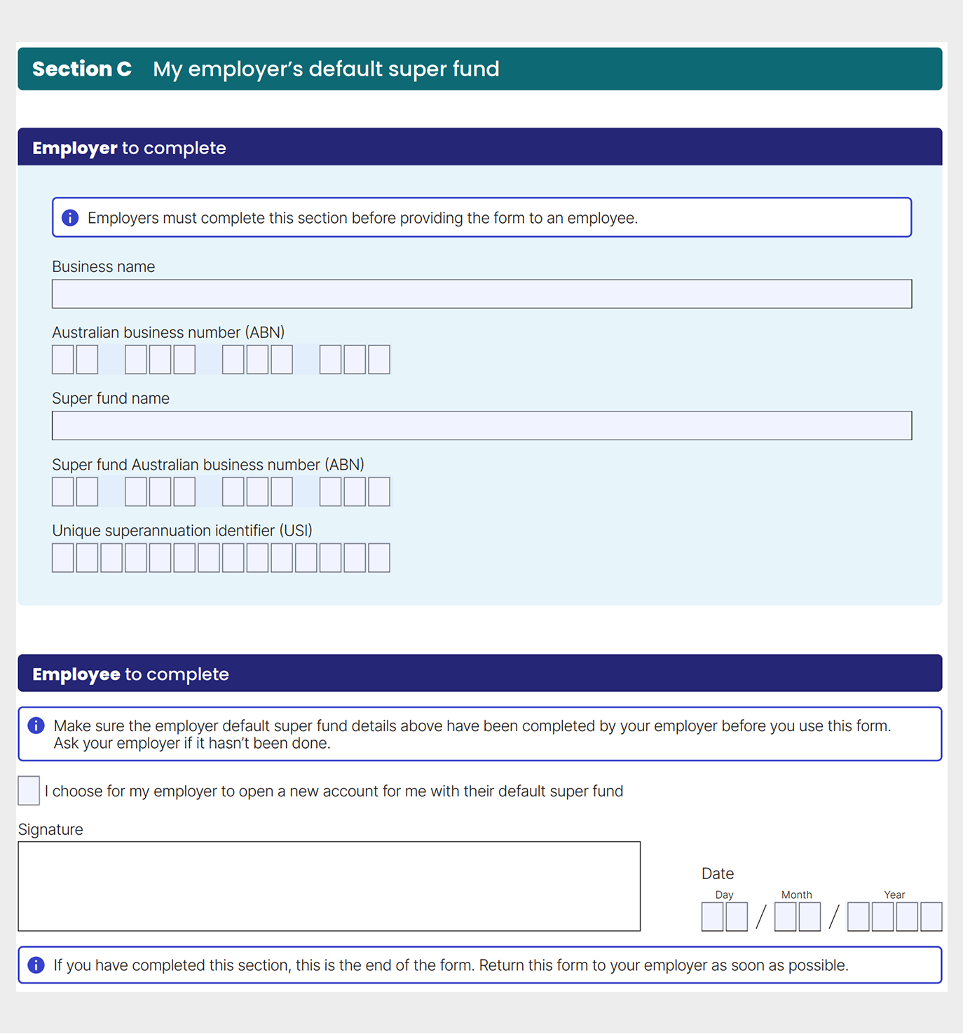 Screenshot of Section C for the Superannuation Standard Choice Form